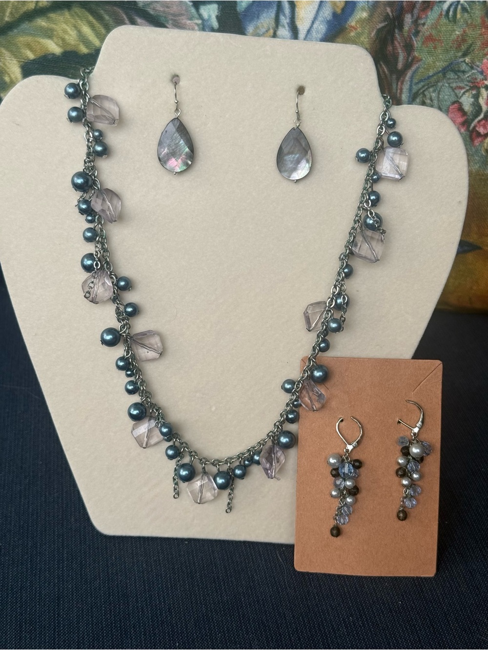 Elegant Grey Pearl & Crystal Necklace & Earring Set
